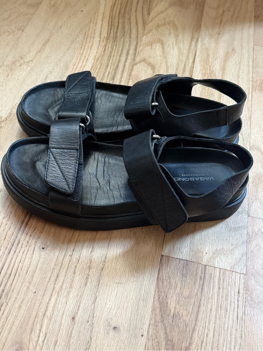 Vagabond Black Leather Double-Strap Velcro Sandals